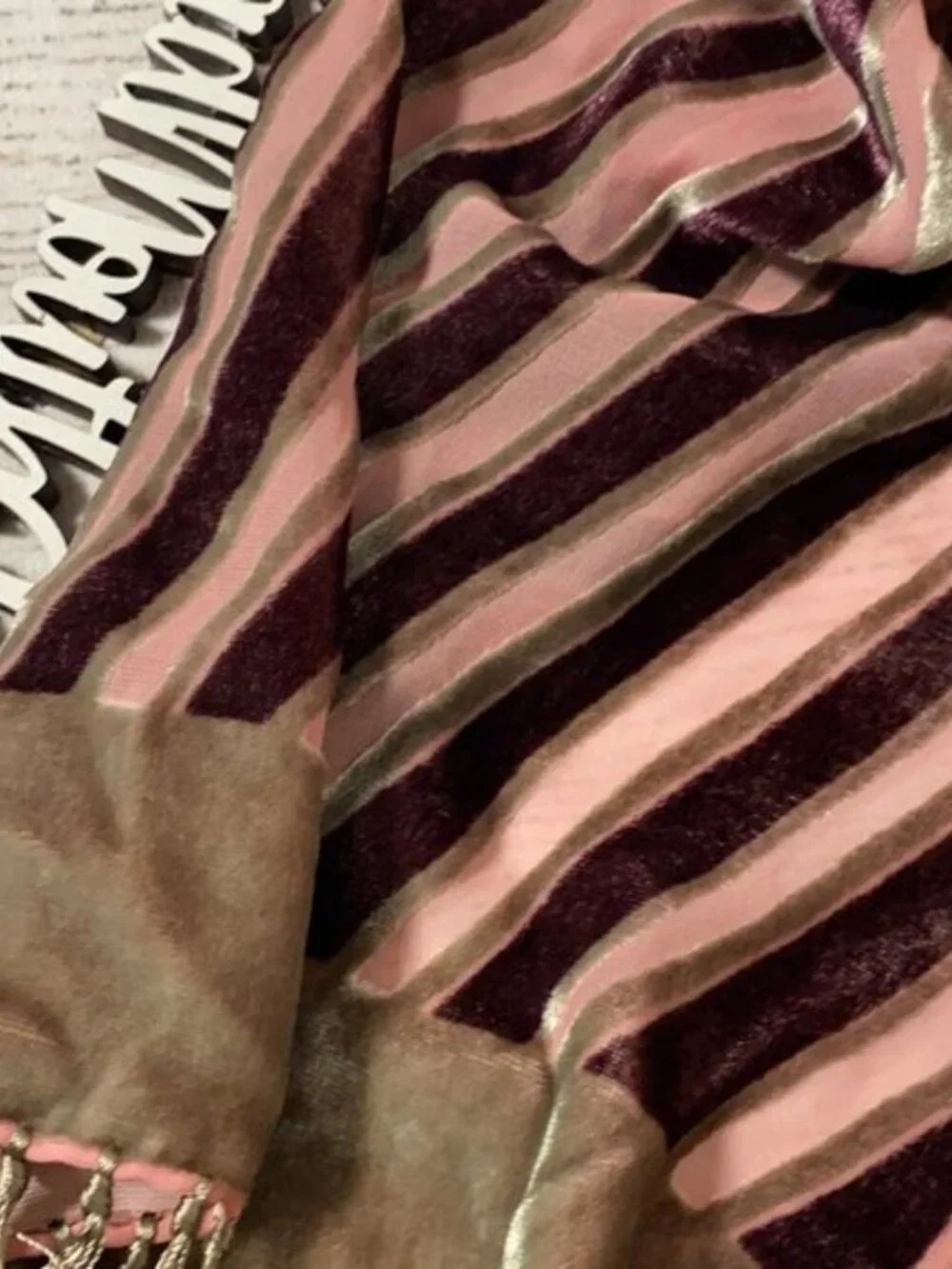 Vintage 90s 00s Pink Maroon Velvet Silk Elegant Formal Scarf with Fringe
